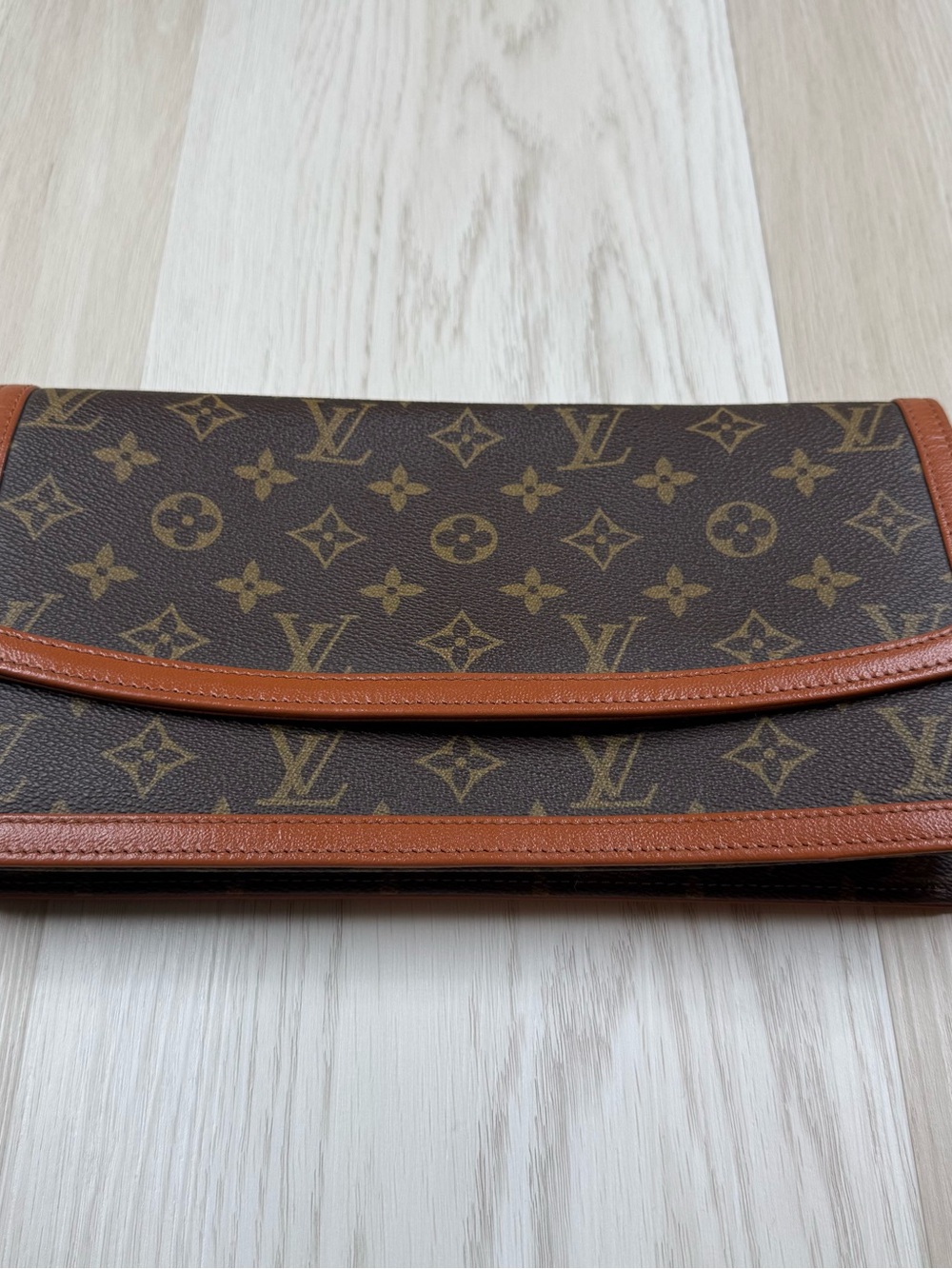 Louis Vuitton Monogram Foldover Clutch in Brown and Tan Leather Trim